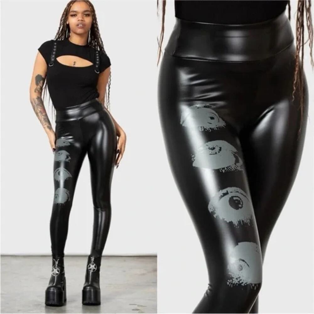 NEW Killstar See Through You Graphic Faux Leather Leggings Black Women's Med